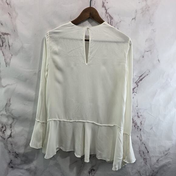 Theory Shirt Womens Medium White Silk Blouse Bell Flare Keyhole Ruffle Peplum - Picture 6 of 13